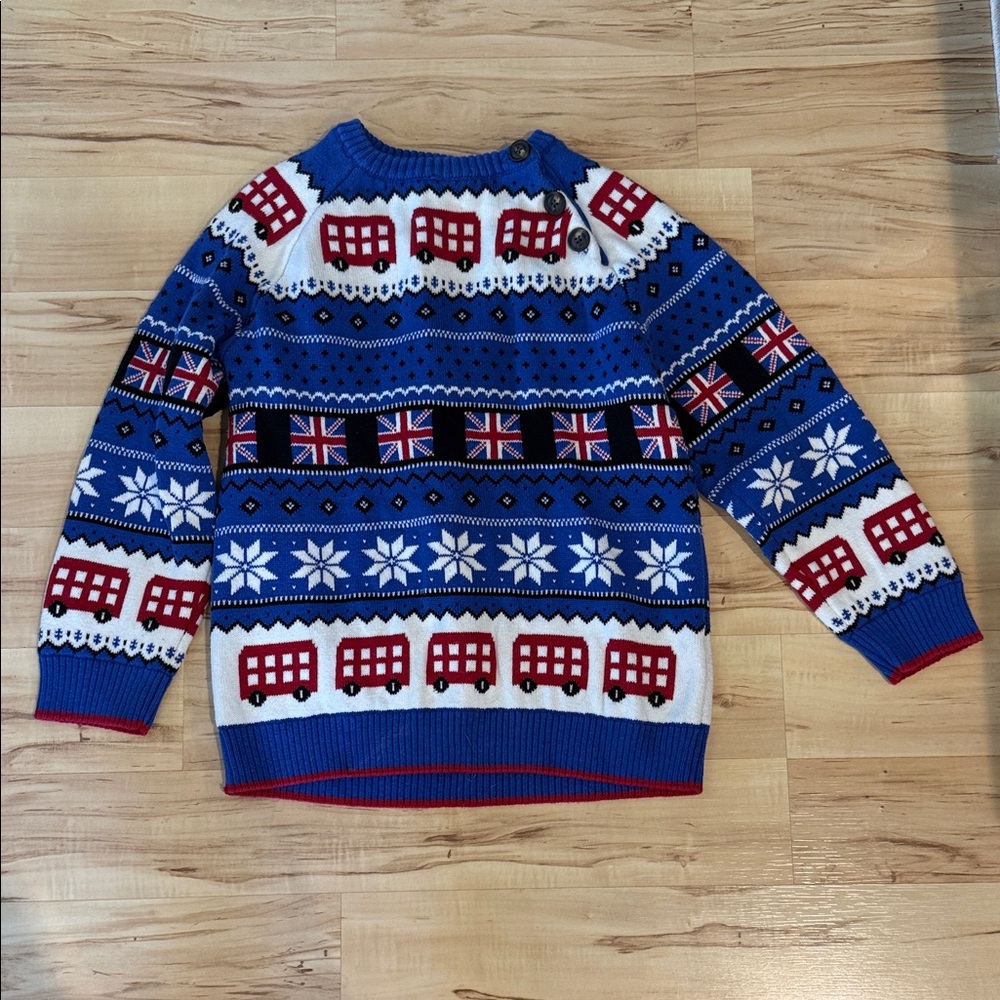 Gymboree Blue, Red & White British Bus and Flag Knit Sweater